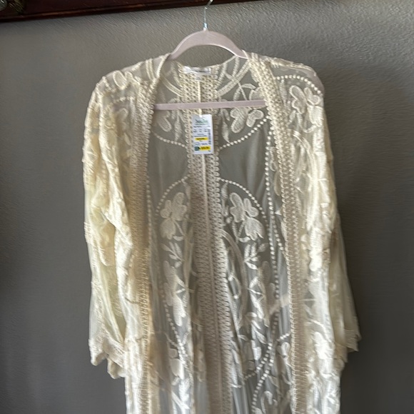 Open front floral laced Cardigan *Long length Contrast Lace Solid color* - Picture 1 of 7